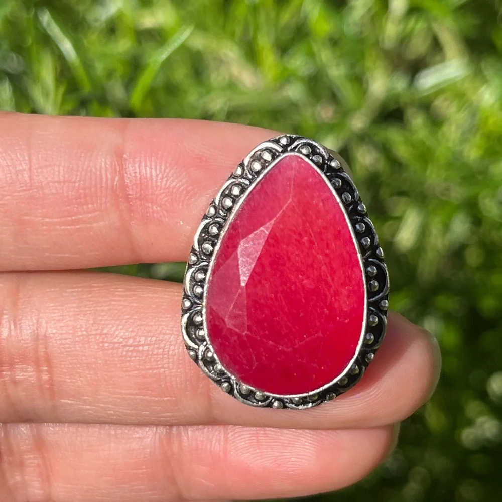 Size 9 925 silver plated‎ hot pink simulated ruby ring